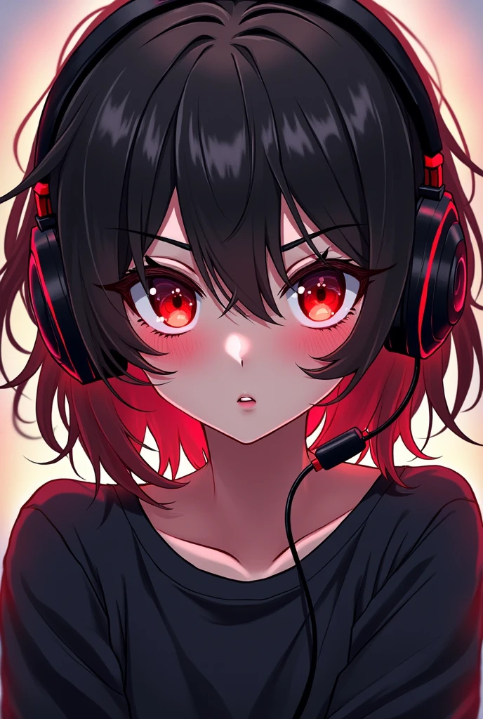 Light skin anime girl, crimson red eyes, messy black and red hair, pouting, wearing black and red gaming headsets and a black sweatshirt