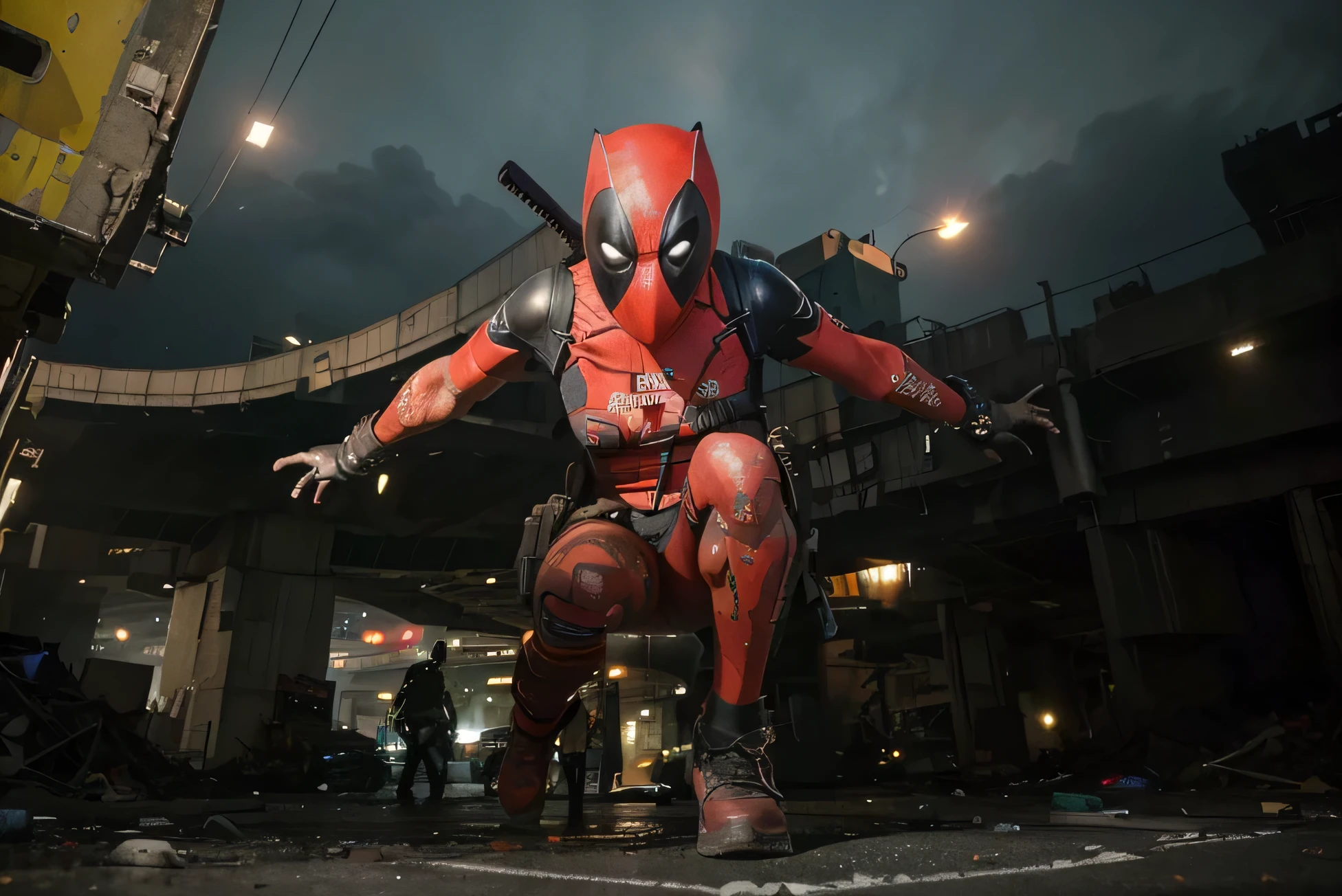 (Best quality, 8k, 32k, Masterpiece, UHD:1.2) To transform the setting of the image into the iconic freeway overpass scene from the first Deadpool movie, imagine an urban, gritty environment. The overpass is a concrete giant, with multiple lanes of traffic either side of the central divider. The concrete walls are stained with years of wear, and the road surface is cracked in places, showing signs of heavy use. Above, the sky is a cloudy gray, adding to the grimy atmosphere. The overpass rises above a chaotic mix of roadways below, crisscrossed with smaller roads and alleys.
Lining the sides of the freeway, you might see rusted metal barriers, graffitied and dented from countless collisions. In the distance, tall, nondescript buildings loom, their windows reflecting the dim light. The scene is tense, with an underlying sense of danger, as if something explosive is about to happen. The setting is stark, with minimal distractions, drawing all attention to the center where the action is about to unfold.
Everything about this environment screams urban decay and imminent chaos, a perfect stage for Deadpool’s outrageous and chaotic battle. The whole atmosphere is raw and unrefined, perfectly matching Deadpool’s irreverent and over-the-top style.