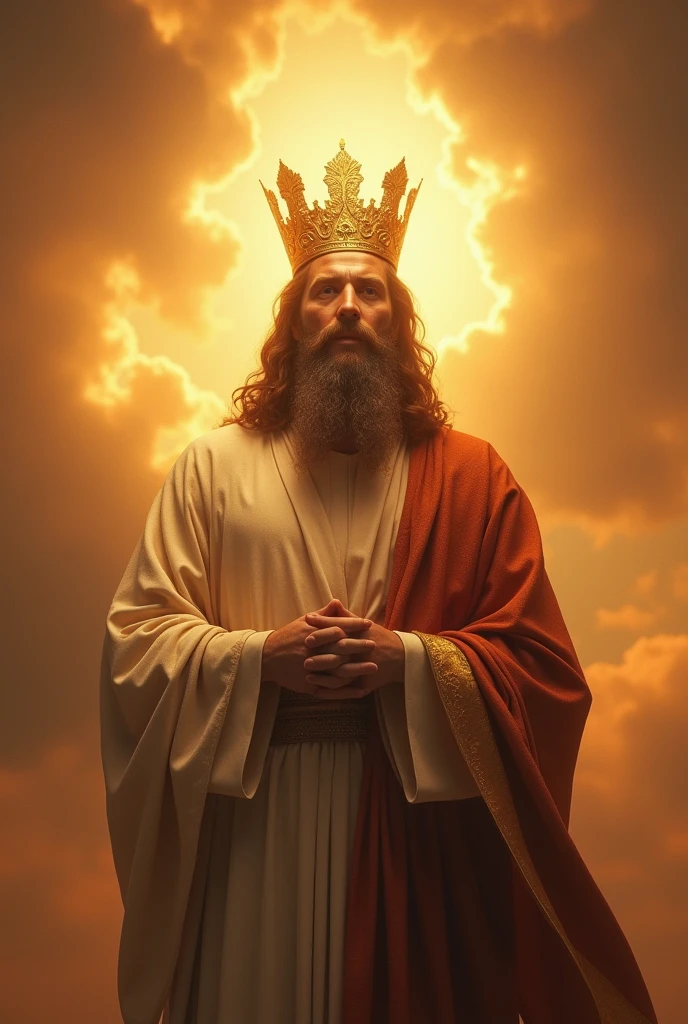 Ultra-realistic 8k image, an image of the Messiah, with a golden crown on his head, in the background clouds in dark orange tones