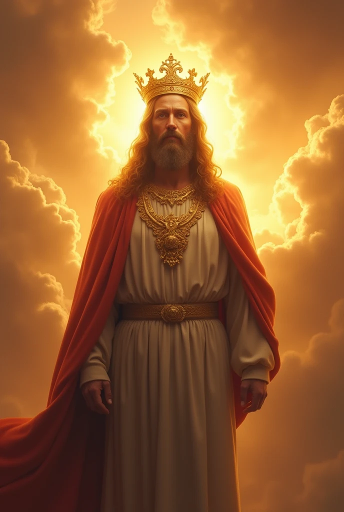 Ultra-realistic 8k image, an image of the Messiah, with a golden crown on his head, in the background clouds in dark orange tones