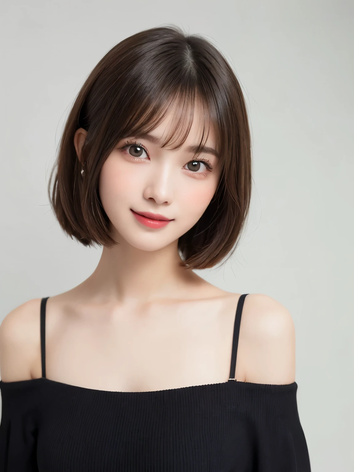 white background, full body portrait, looks very happy, smile, one girl, (a beauty girl, delicate girl:1.3), (20 years old:1.3), (black off shoulder dress), very fine eyes, (symmetrical eyes:1.3), D cup breasts, brown eyes, parted bangs, short hair, (eyes and faces with detailed:1.0), (masterpiece, best quality, ultra detailed, detailed face, 8k)