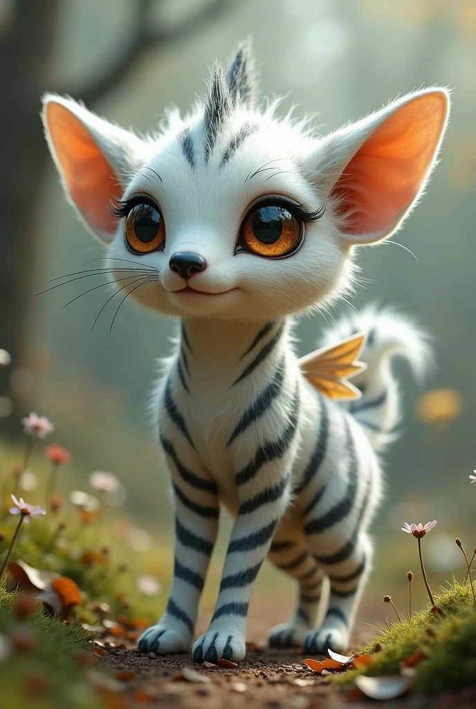 A creature that has a cylindrical body, an elongated head, eight legs, two eyes, a small black nose, floppy ears, a long fluffy tail, a pair of wings, and that the color of its fur is white with black stripes