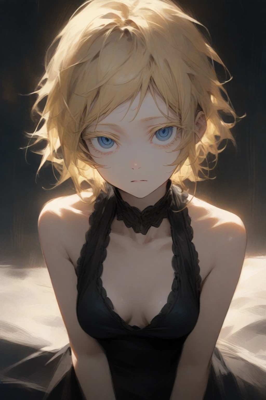 masterpiece, best quality, very aesthetic, absurdres,1girl,blonde hair,short hair,disheveled hair,(colored eyelashes),(blonde eyelashes),blue eyes,(sharp eyes),(slanted eyes),choppy bangs,medium breasts,prostitute,brothel,clear face,expressionless,