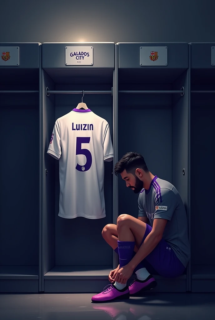 football locker room with a football player's cabin in this cabin there will be a white shirt with purple details (minimalists) on the collar and at the tip of the sleeve the shirt must be showing the back with the name LUIZIN highlighted and the shirt number must be number 5, the cabin at the top must contain the name of the club which is GALADOS CITY, all ambient light must be off, only the light of the sign with the name GALADOS CITY and a low light above the shirt indicating prominence must be on. (The image should be centered and not too far away) and the player with slightly dark skin, short black hair with a gradient and a beard showing that he cares about the current fashion style must be wearing pre-game clothes different from the shirt that is hanging in the locker room, the one he is wearing is gray with purple details on the sleeve and collar of the shirt and on the shorts, the player in the image must be tying his shoes and concentrating (indicating pre-game concentration)
