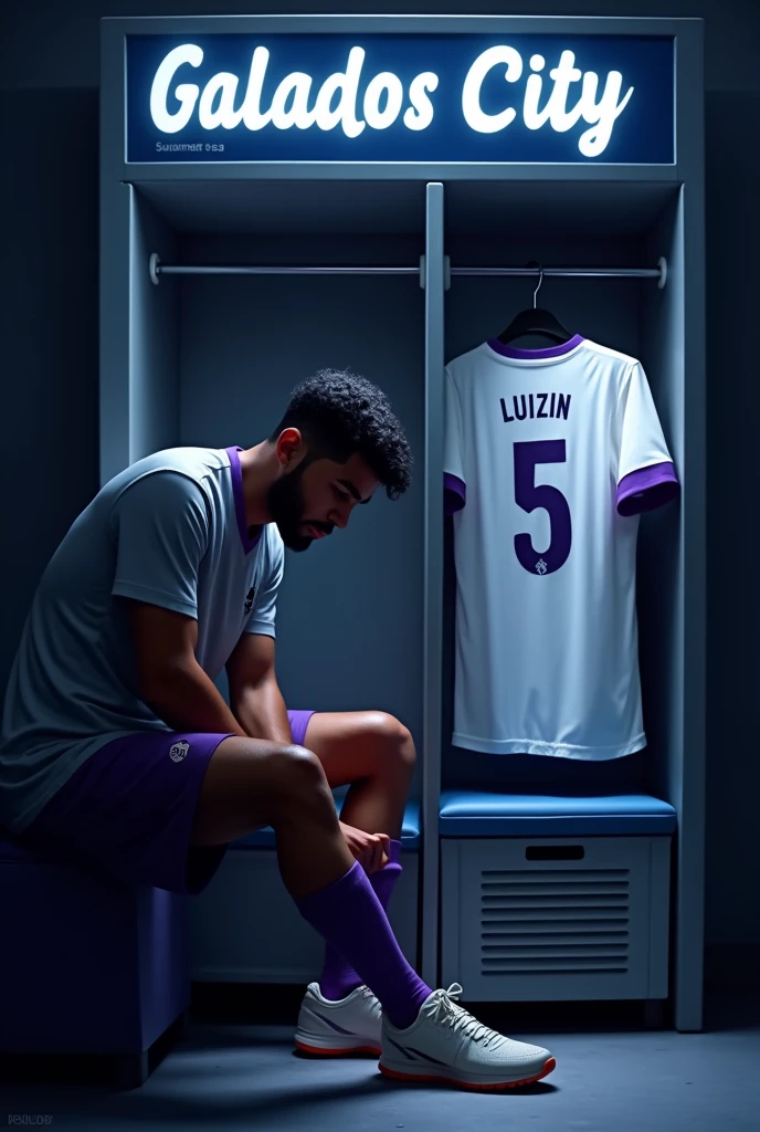 football locker room with a football player's cabin in this cabin there will be a white shirt with purple details (minimalists) on the collar and at the tip of the sleeve the shirt must be showing the back with the name LUIZIN highlighted and the shirt number must be number 5, the cabin at the top must contain the name of the club which is GALADOS CITY, all ambient light must be off, only the light of the sign with the name GALADOS CITY and a low light above the shirt indicating prominence must be on. (The image should be centered and not too far away) and the player with slightly dark skin, short black hair with a gradient and a beard showing that he cares about the current fashion style must be wearing pre-game clothes different from the shirt that is hanging in the locker room, the one he is wearing is gray with purple details on the sleeve and collar of the shirt and on the shorts, the player in the image must be tying his shoes and concentrating (indicating pre-game concentration)