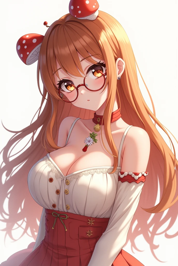 anime mushroom girl, long hair aesthetic with glasses, chestnut with big breasts with png background