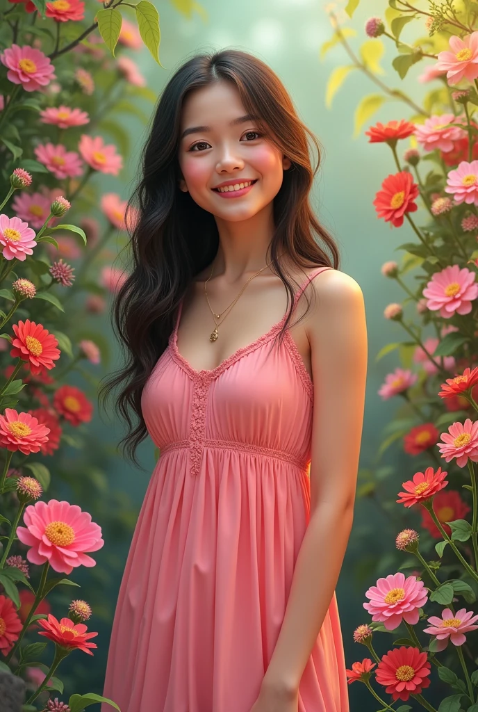 a beautiful young asian girl, detailed face, beautiful eyes, long eyelashes, natural expression, innocent look, wearing casual summer dress, sitting in a lush garden, golden sunlight, warm color tones, intricate floral details, photorealistic, highly detailed, digital art, vibrant colors, masterpiece