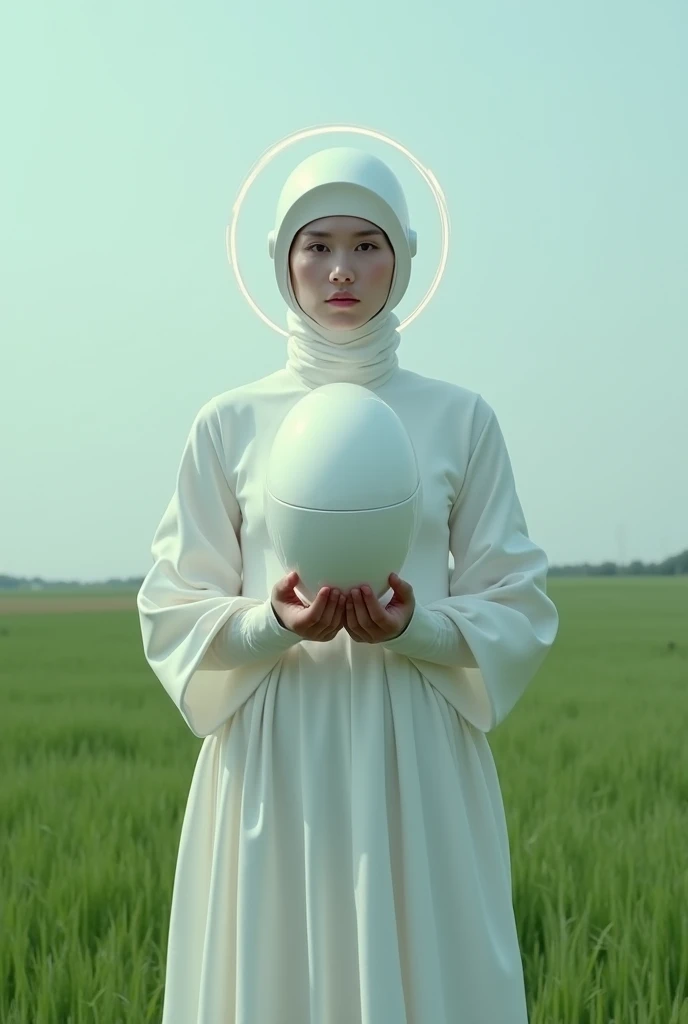 A woman dressed in white with a helmet standing in a field, helmet instead of a head, a frame from an ethereal, holding helmet, nico in a white dress, futuristic clothing and helmet, wearing a round helmet, white helmet, halo over her head, Johanna Martin, frame from a music video, monia merlo, wearing a helmet