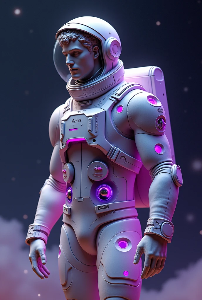 GREEK STATUE DRESSED IN AN ASTRONAUT OUTFIT WITH PURPLE DETAILS
