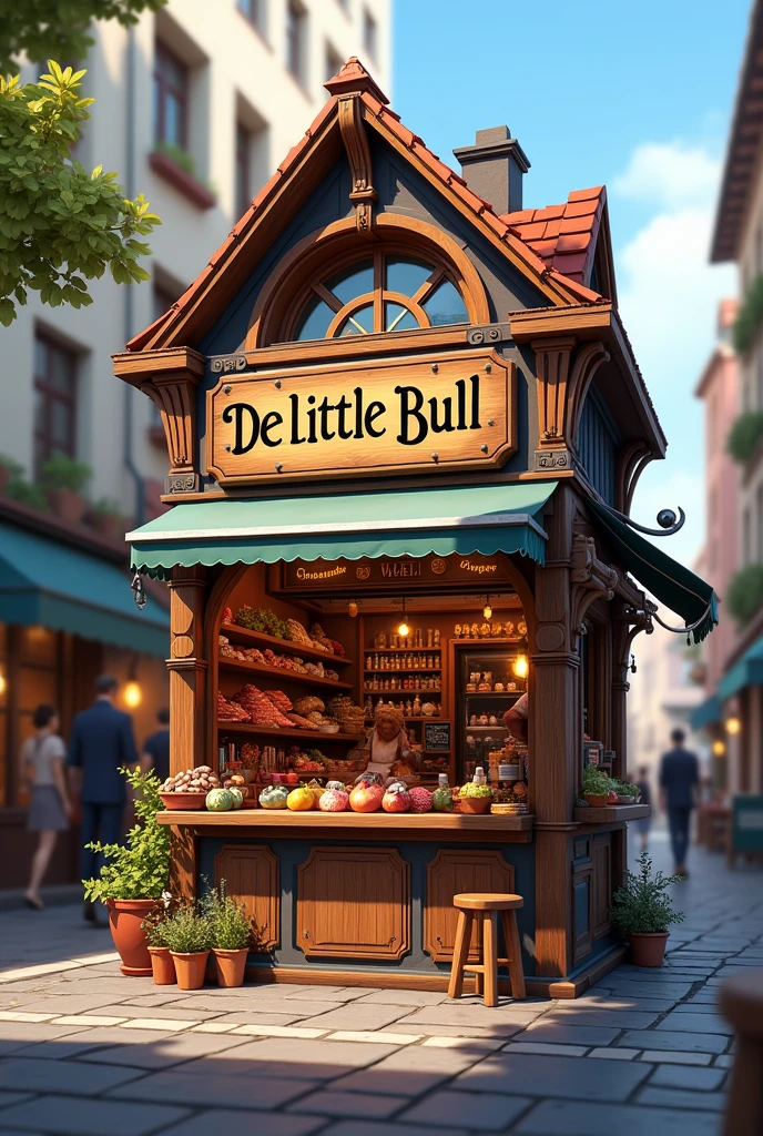 create an image of a delicatessen stand with the name of the establishment "the little bull"