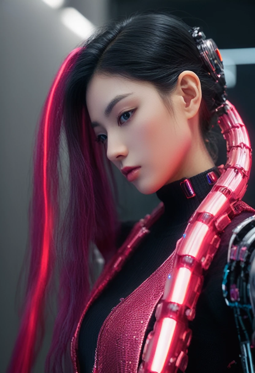 xxmixgirl. Highly detailed professional 35mm film, bokeh, face in sharp focus. A robotic female, Miku, with ((metal skin)), ((perfect Asian eyes)) with magenta irises and ((black pupils)), beautiful serious (detailed face), 1 ((photorealistic face)), very long magenta twin tails of magenta hair, twin black hair ties with a single red stripe. She may have a black audio headpiece. We can see her ((full body)) down to her boot soles. Her outfit is a sleeveless collared light grey shirt, outlined in red around the frilled collar and hems. Shiny reflective ((metallic breast cups, dimpleless)), invisible nipples. She wears black sleeves with red hems that start around her upper arm and bellow out as the sleeves open and extend to her wrists, with wide trumpet red rimmed cuffs. She has perfect robotic (detailed hands). She wears a red colored tie with two horizontal solid parallel black lines halfway across. She wears a fabric black skirt with a horizontal red hem at the bottom all the way around; her (((black skirt wraps around her))) and ((her skirt completely covers)) her robotic waist and thighs. Tall black boots with red bottom soles, a red rim around the top at her thighs. Her mechanical shoulder joints are visible. We can see her robotic legs and robotic neck. Half of her is covered with shiny polished machinery. The background is a distant dark neon futuristic Japanese city, gold, cyan, violet neon, near harbor or mountains.