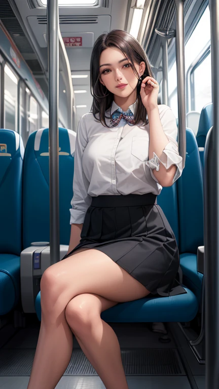 ((Highest quality,High resolution,Very detailed)), (Sharp details, Written boundary depth), real photo style, Mature Woman, ((Sit facing forward)), sitting on a long train seat, Sitting on the seat, posing for a commemorative photo, ((Chair to sit under skirt)), View from the opposite seat, Inside a commuter train, The back of the woman&#39;s head is against the window glass., Slightly low angle shot, ((Holding the hem of her skirt with her hands)), Summer knit dress with cut-out neckline, Exquisite and sophisticated features, Confused expression, Black Hair, Japanese women, Dark brown eyes, double eyelid, , She wears sexy white lace panties over her tights, Tights in tights。