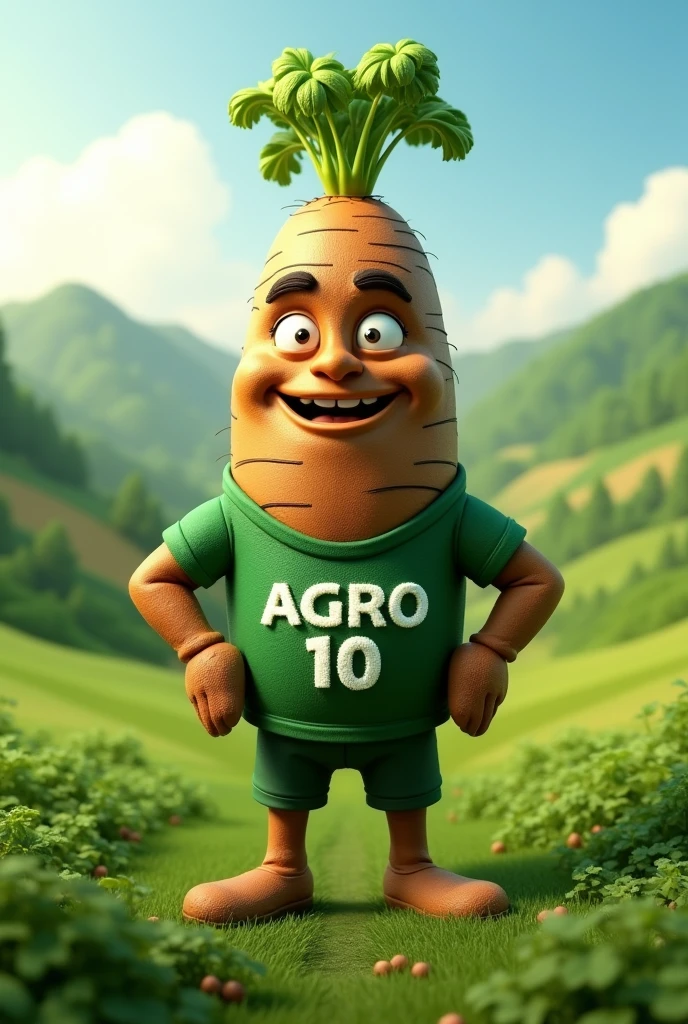 A sports mascot of a brown root wearing a green shirt that says "AGRO 10" with field background 
