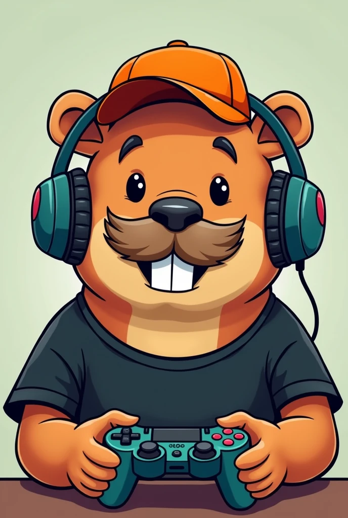 Cartoon drawing of a capybara face with a mustache playing a video game in a black t-shirt, orange cap and headphones! toothless