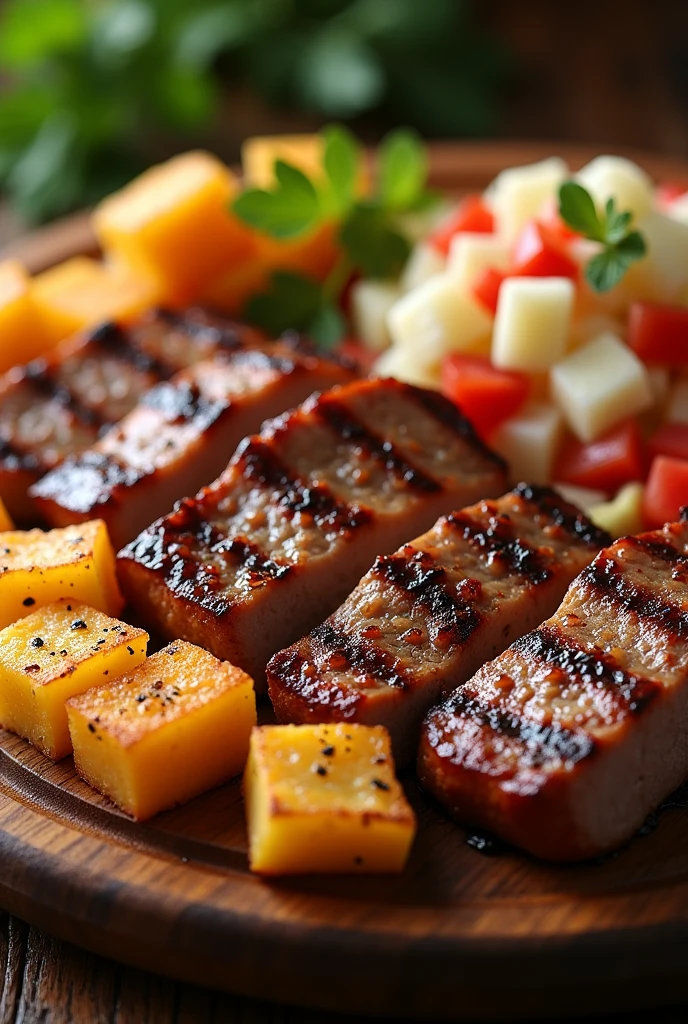 Create an image of a grilled meat cut into squares, accompanied by cooked yuca cut into squares and Russian salad