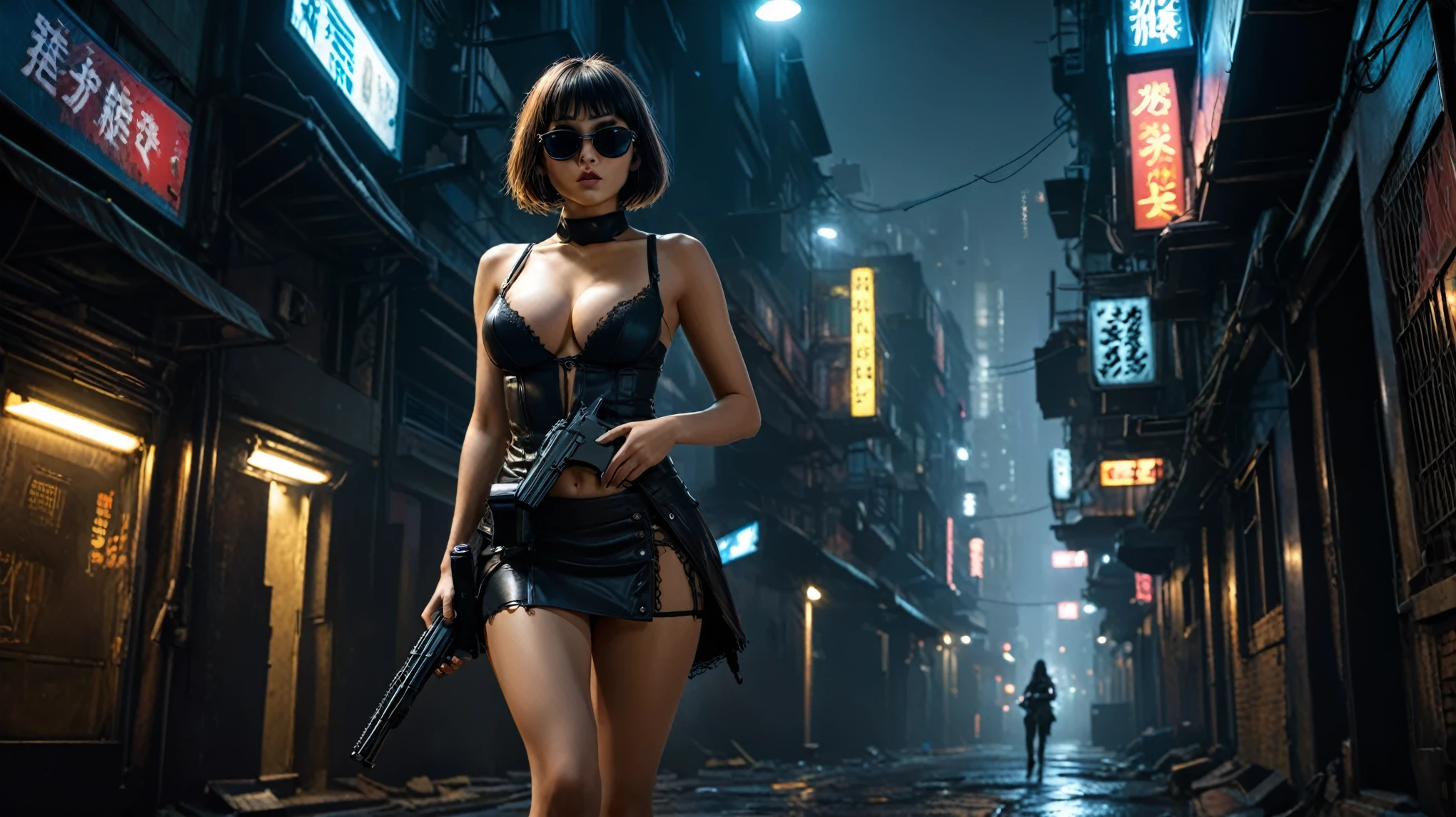 Blade Runner inspired surreal dark cyberpunk city alley as background, low angle view, at dark night. (1girl, solo, alone), medium-breast slim:0.6 body, oval:0.5 face, cleavage:1.1, sexy black laced bra, miniskirt, white laced panty, coat, (black micro sunglasses), (holding a short gun), (slightly leaning forward running pose), half-body thigh level medium shot, cinematic lighting, ray tracing.