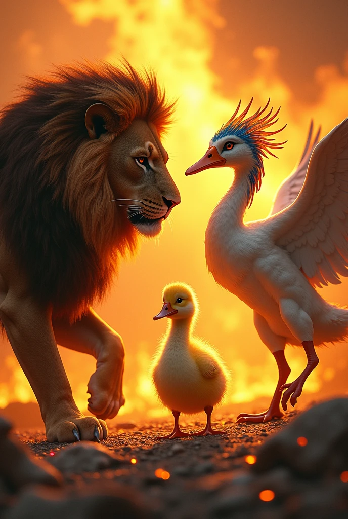 A lion and a phoenix together and a duckling with an angry white face in the middle and all realistic and with an intense yellow background with fire