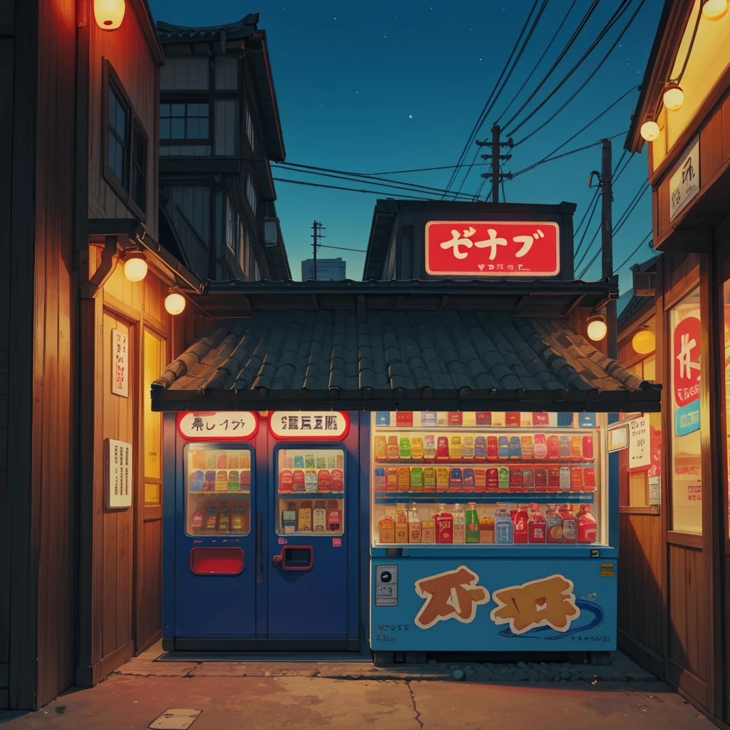 Alley, one JAPANESE DRINK VENDING MACHINE, retro style, night
