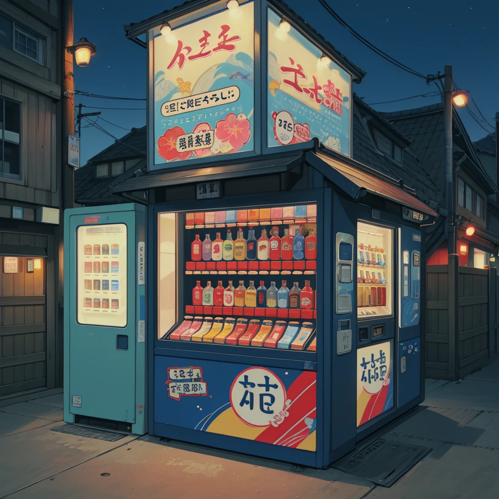 Alley, one JAPANESE DRINK VENDING MACHINE, retro style, night
