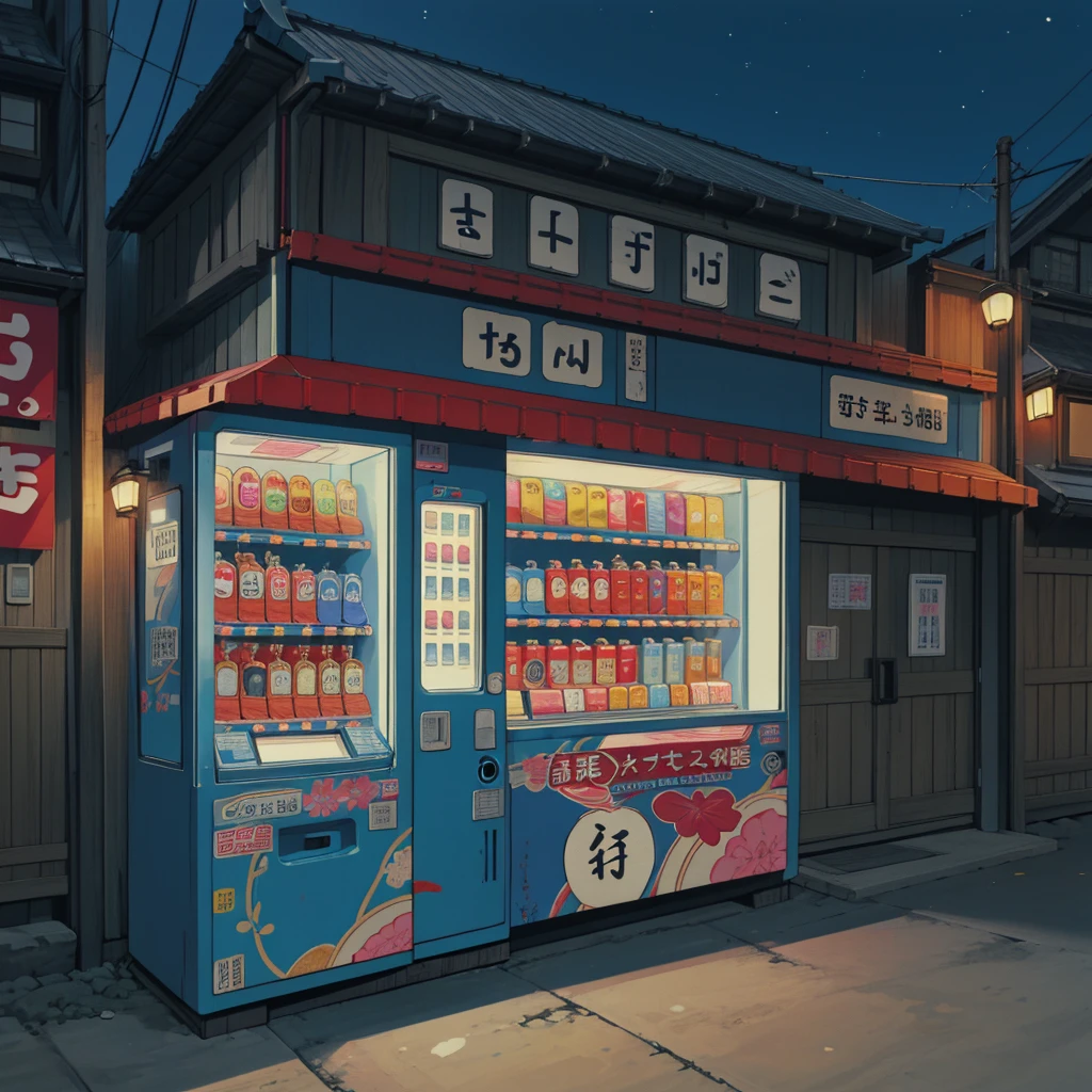 Alley, one JAPANESE DRINK VENDING MACHINE, retro style, night