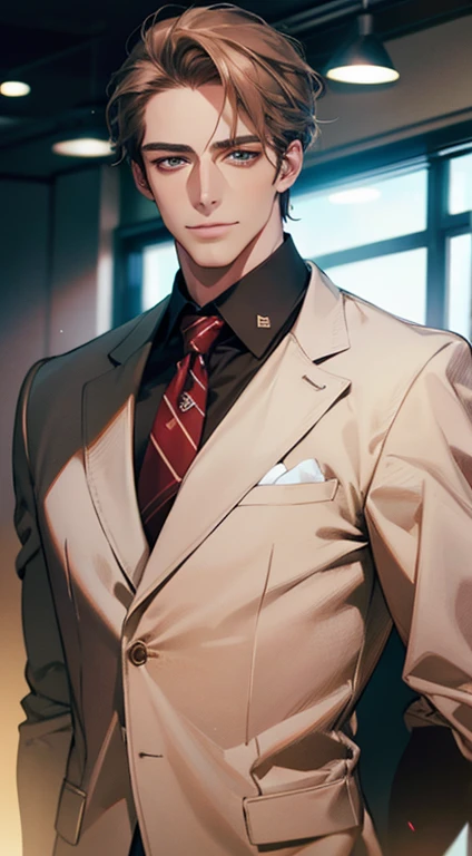 (Highest quality,4K,8K,High resolution,masterpiece:1.2),Super detailed,(Realistic,photoRealistic,photo-Realistic:1.37),1 personld,Mature Men,Beautiful skin、very handsome,Expressionless smile in love,Short gray brown hair,green eyes,Sharp Eyes,A perfect face without a doubt,Businessman, CEO, Office Background,Cinema Lighting,HDR image,tie、