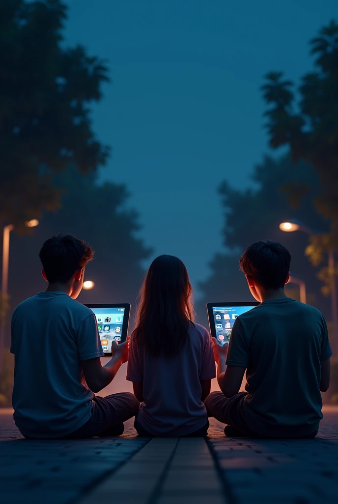 (photorealism:1.2), 3 teenager holding tablet. 1 is boy in the keft 2 girl in the middle and n the right is boy, they all sitting in a street, theyre back is the front in the picture, and make the sky looks like night, like dark from the top and then blue and sky blue, dont add the  street background only the skies,and the only giving light is from their tablets and then from where the lights comming make it like the apps of their tablet is showing in the dark,like spotify, mobile legend, etc games