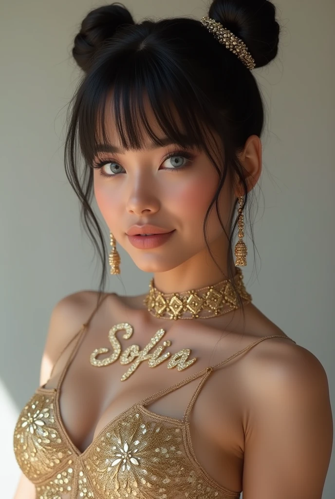 Mexican A beautiful pale-skinned Latina , eyes blue, full body, perfect body, two buns, straight bangs, (best quality,4k,8k,highres,masterpiece:1.2),ultra-detailed,(realistic,photorealistic,photo-realistic:1.37),HDR,UHD,studio lighting,ultra-fine painting,sharp focus,physically-based rendering,extreme detail description,professional,vivid colors,bokeh,portraiture,glamour,sensual,alluring,wear mexi, in style of Retna, full body, write the name Sofia with glitter