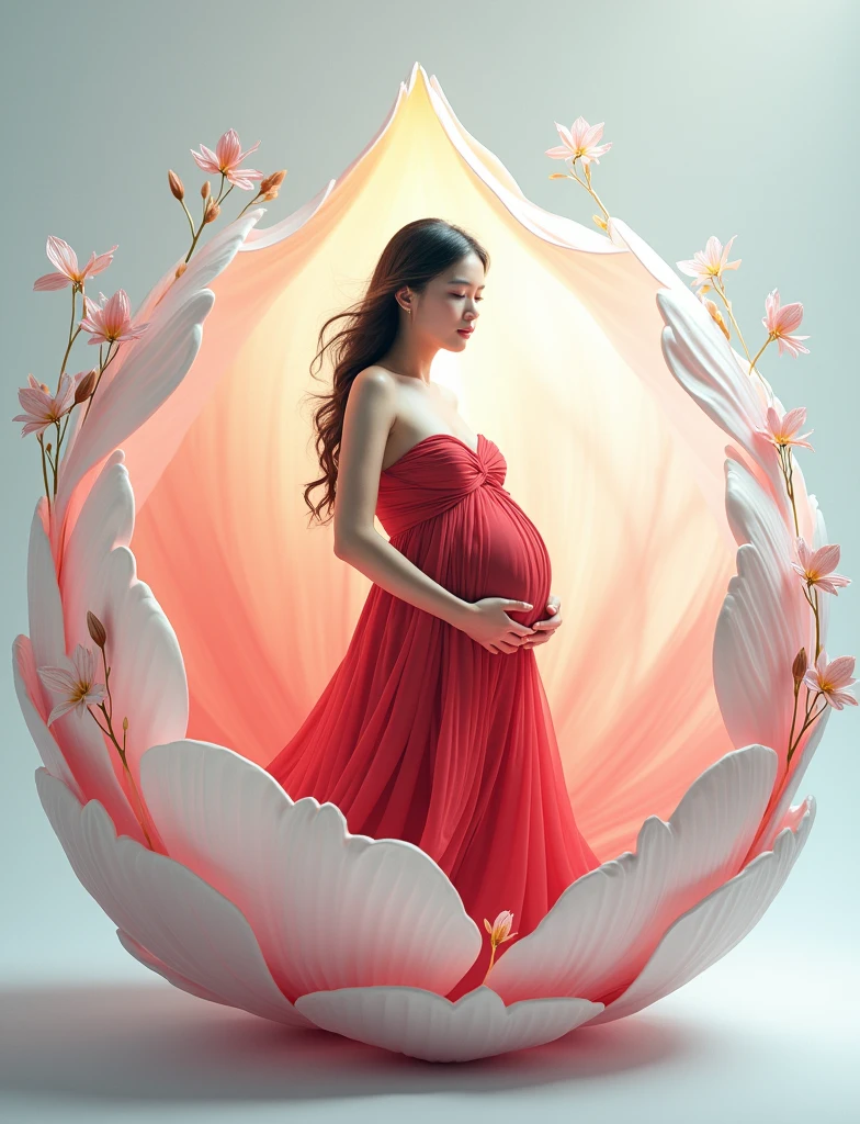 pregnant woman in red dress standing in a large flower, digital art inspired by Igor Kieryluk, trending on cg society, digital art, maternal photography 4 k, perky woman made of petals, pregnant belly, stunning elegant pose, flower goddess, lady with glowing flowers dress, maternity feeling, dressed in a flower dress, photo manipulation, beautiful and graceful, pregnant, leaf flowing in air