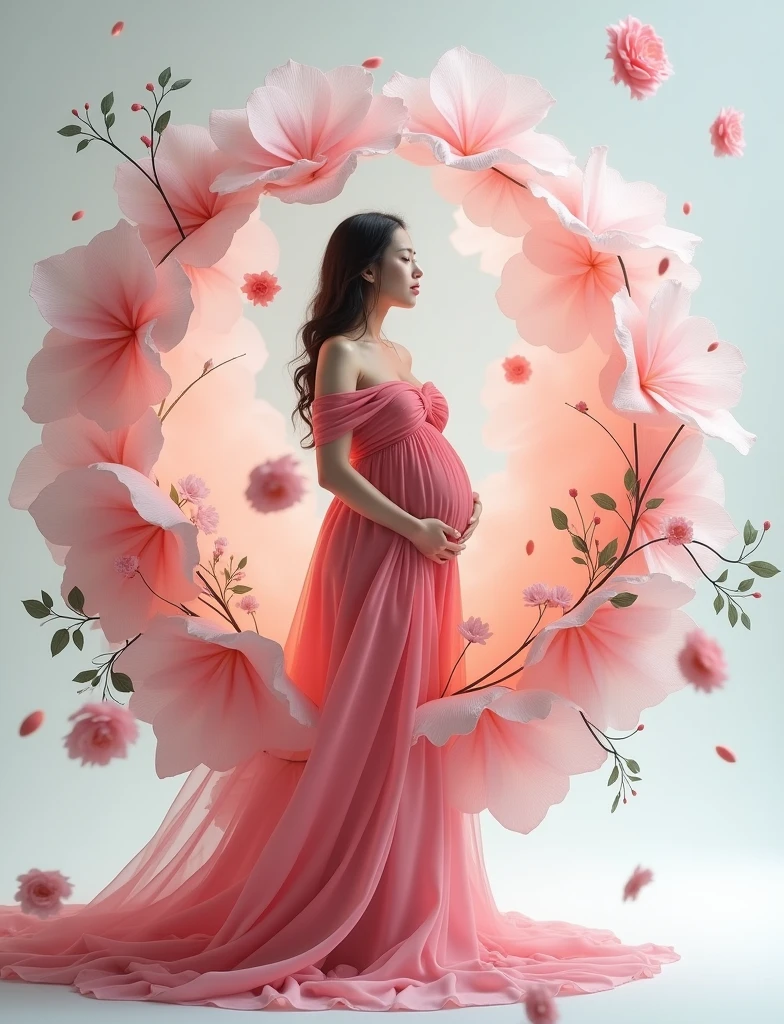 pregnant woman in red  dress standing in a large flower, digital art inspired by Igor Kieryluk, trending on cg society, digital art, maternal photography 4 k, perky woman made of petals, pregnant belly, stunning elegant pose, flower goddess, lady with glowing flowers dress, maternity feeling, dressed in a flower dress, photo manipulation, beautiful and graceful, pregnant, leaf flowing in air