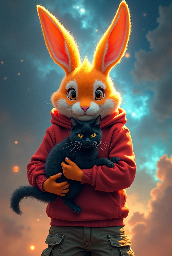 (tmasterpiece:1.2),(anatomy correct:1.1),(high qulity:1.5),(((solo male anthropomorphic)))Kimono furry_Transformation Bunny Fursona,1 Little bunny ,orange fur,orange eyes,(Celestial nose),red hoodie , cargo pants, holding a black cat