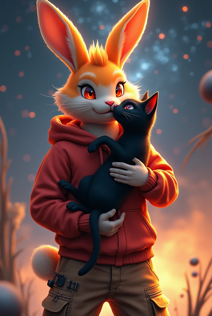 (tmasterpiece:1.2),(anatomy correct:1.1),(high qulity:1.5),(((solo male anthropomorphic)))Kimono furry_Transformation Bunny Fursona,1 Little bunny ,orange fur,orange eyes,(Celestial nose),red hoodie , cargo pants, holding a black cat
