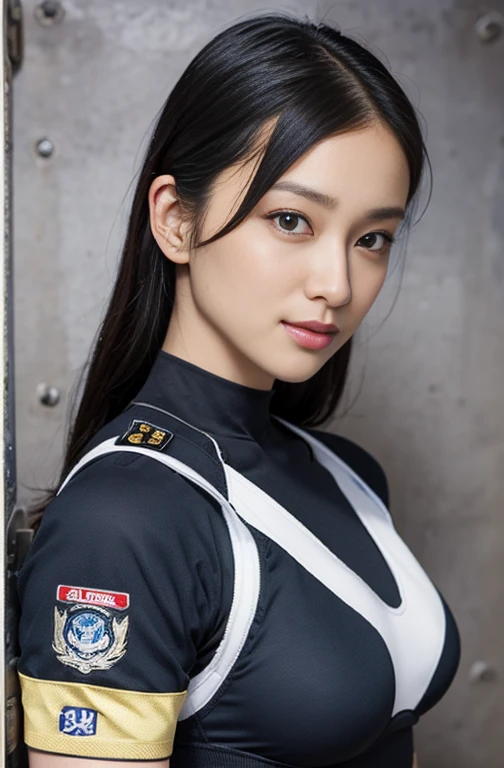 Best image quality, Great details, Ultra-high resolution, (realism: 1.4), ((close:0.75)), A very condensed woman, Beautiful and delicate facial features, Perfect Proportions, Target your audience, ((Target your audience)), (, Big Breasts、), (Fabric color base ratio Black:0.4 White:0.5. Other colors:0.1), (Wear a rash guard、I like police uniforms, Black and grey mech, Wearing a high-tech nylon military suit, Military Harness, Has a machine gun, Carrying a high-tech flame-throwing tank), captain, Background Simple gray wall,