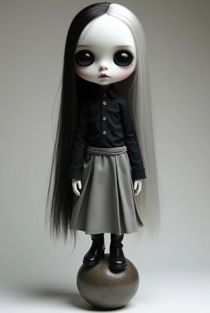 A male doll with a round head, black eyes, long hair, half of which is gray and the other half is black, a long-sleeved black shirt and a gray skirt with a ball base made of iron with white skin, full body with black boots.