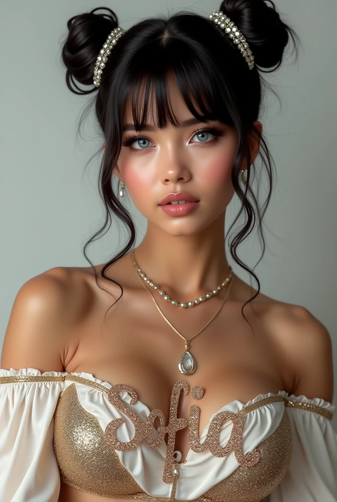 Mexican A beautiful pale-skinned Latina , eyes blue, full body, perfect body, two buns, straight bangs, (best quality,4k,8k,highres,masterpiece:1.2),ultra-detailed,(realistic,photorealistic,photo-realistic:1.37),HDR,UHD,studio lighting,ultra-fine painting,sharp focus,physically-based rendering,extreme detail description,professional,vivid colors,bokeh,portraiture,glamour,sensual,alluring,wear mexi, in style of Retna, full body, write the name Sofia with glitter