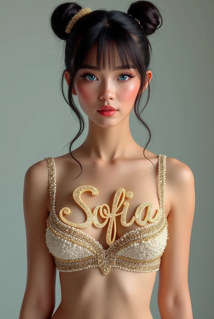 Mexican A beautiful pale-skinned Latina , eyes blue, full body, perfect body, two buns, straight bangs, (best quality,4k,8k,highres,masterpiece:1.2),ultra-detailed,(realistic,photorealistic,photo-realistic:1.37),HDR,UHD,studio lighting,ultra-fine painting,sharp focus,physically-based rendering,extreme detail description,professional,vivid colors,bokeh,portraiture,glamour,sensual,alluring,wear mexi, in style of Retna, full body, write the name Sofia with glitter  
