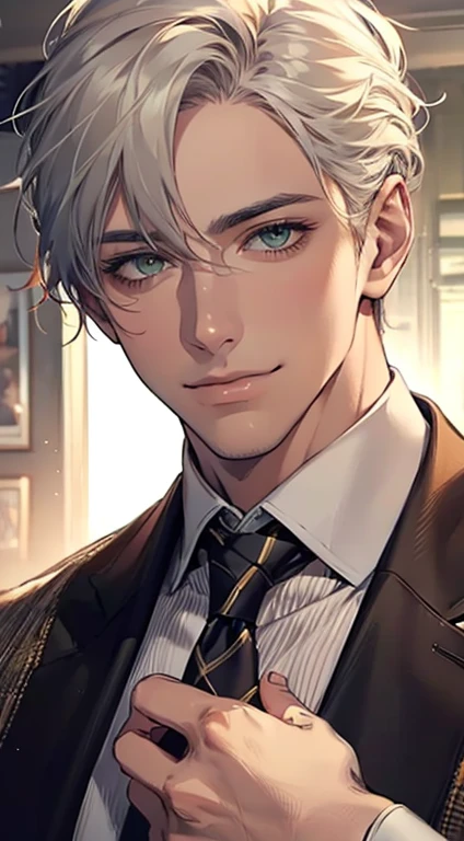 (Highest quality,4K,8K,High resolution,masterpiece:1.2),Super detailed,(Realistic,photoRealistic,photo-Realistic:1.37),1 personld,Mature Men,Beautiful skin、very handsome,Expressionless smile in love,Short white hair,green eyes,Sharp Eyes,A perfect face without a doubt,Businessman, CEO, Office Background,Cinema Lighting,HDR image,tie、