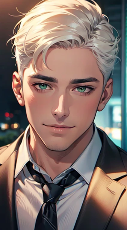 (Highest quality,4K,8K,High resolution,masterpiece:1.2),Super detailed,(Realistic,photoRealistic,photo-Realistic:1.37),1 personld,Mature Men,Beautiful skin、very handsome,Expressionless smile in love,Short white hair,green eyes,Sharp Eyes,A perfect face without a doubt,Businessman, CEO, Office Background,Cinema Lighting,HDR image,tie、