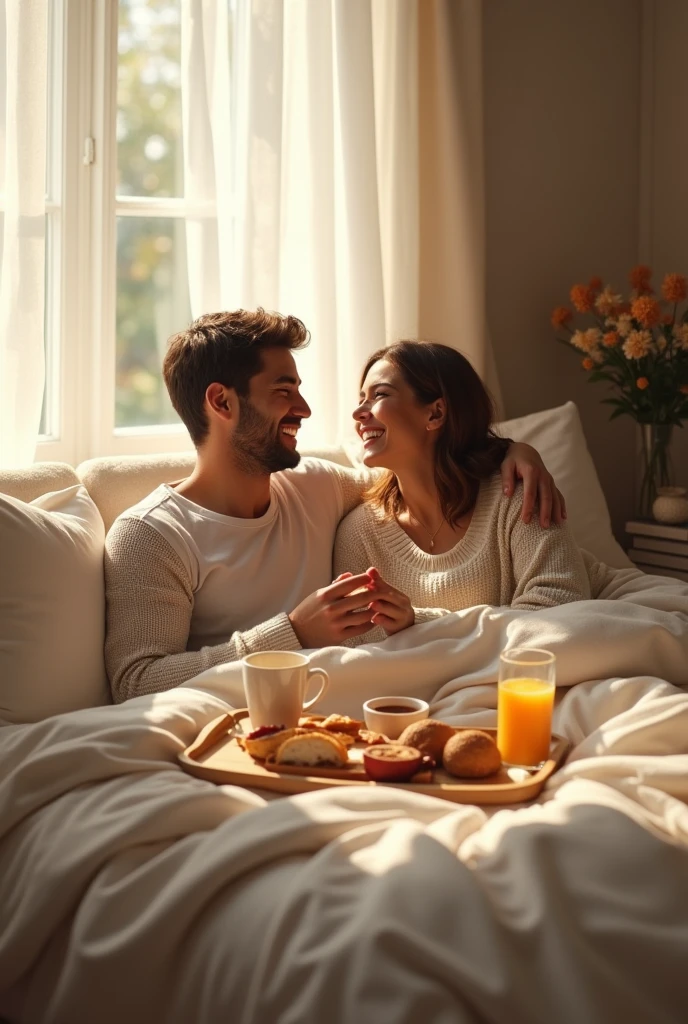 imageio: A couple laughing together as they have breakfast in bed.