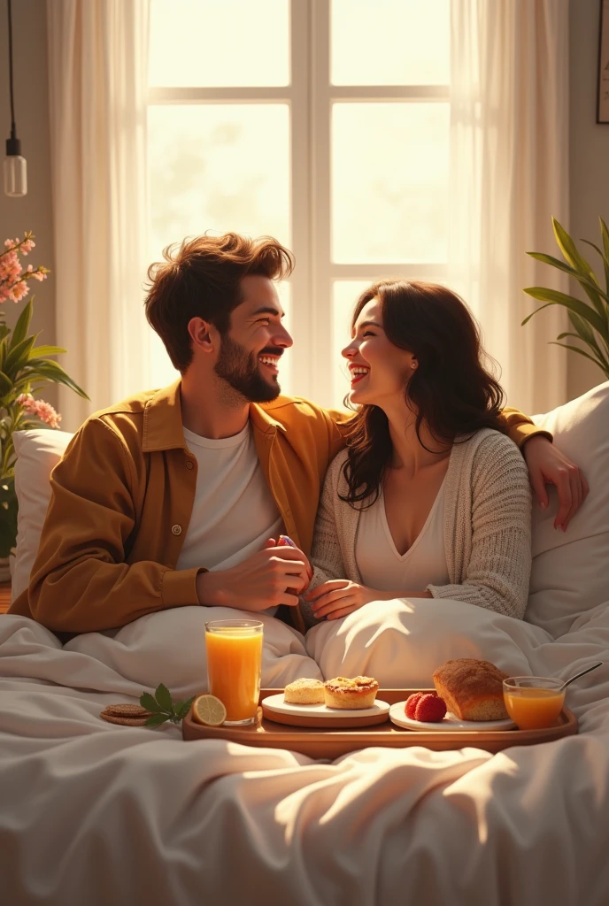 imageio: A couple laughing together as they have breakfast in bed.