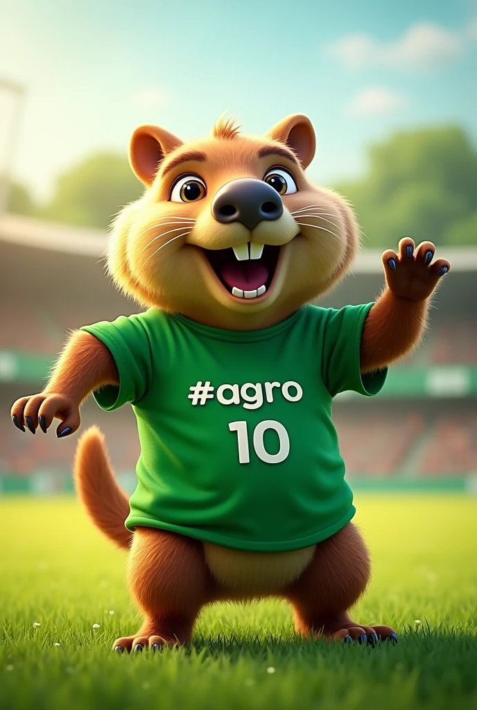 A capybara sports mascot with a green t-shirt that says "#AGRO 10" with field background 

