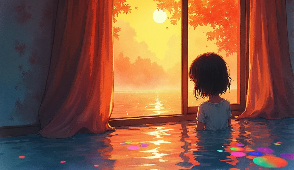 watercolor art look at the light in front of your eyes in the window, light black and amber, letras y figuras, sparkling water reflections, cabinecore, joel robison, light orange and red --ar 4:7 --s 350 --niji 5 --chaos 4 --style expressive the image of watercolor painting