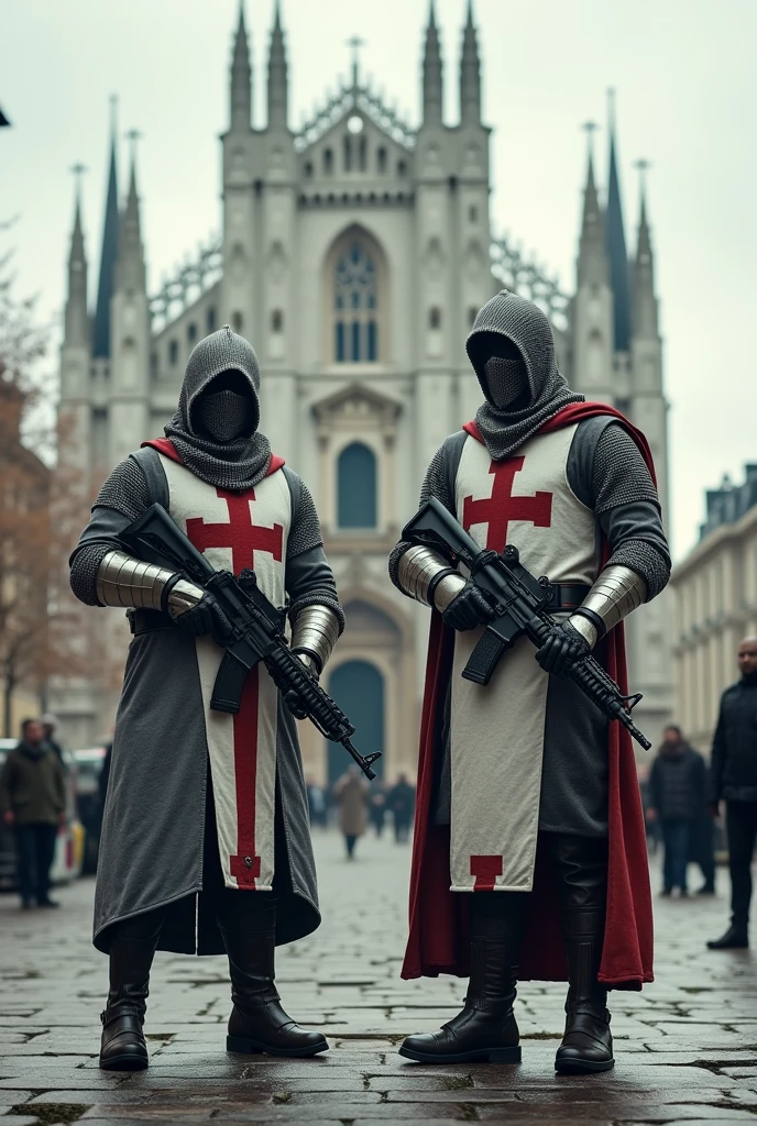 Two modern soldiers merging with Templar armor , gray steel chainmail uniform , modern hood modern white vest with a red templar cross,modern military boots gun in hand standing guard around a giant catholic cathedral with civilians nearby cars nearby