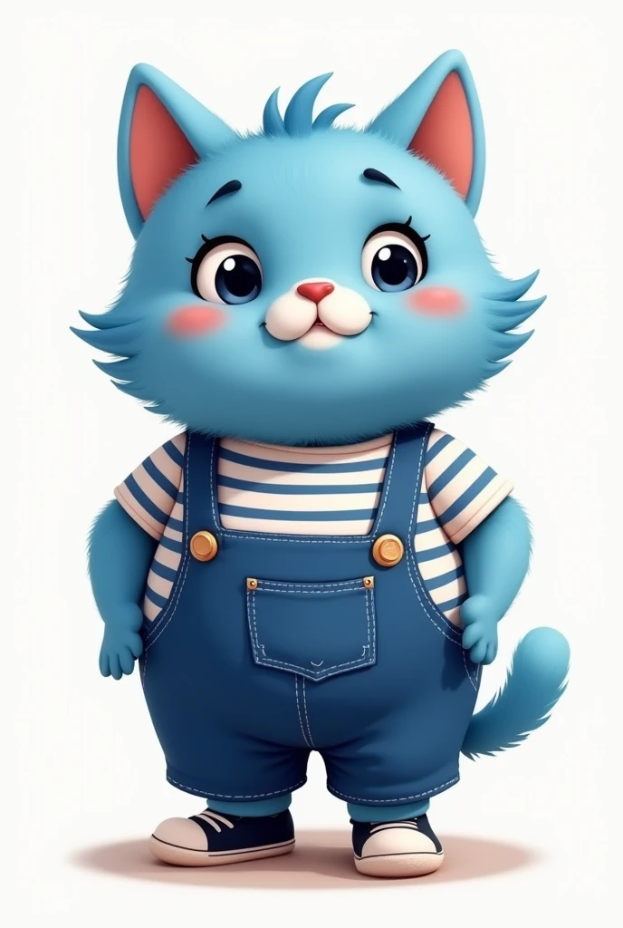 Little furry cat cartoon style, blue with navy overalls black shoes with white soles, white shirt with blue stripes