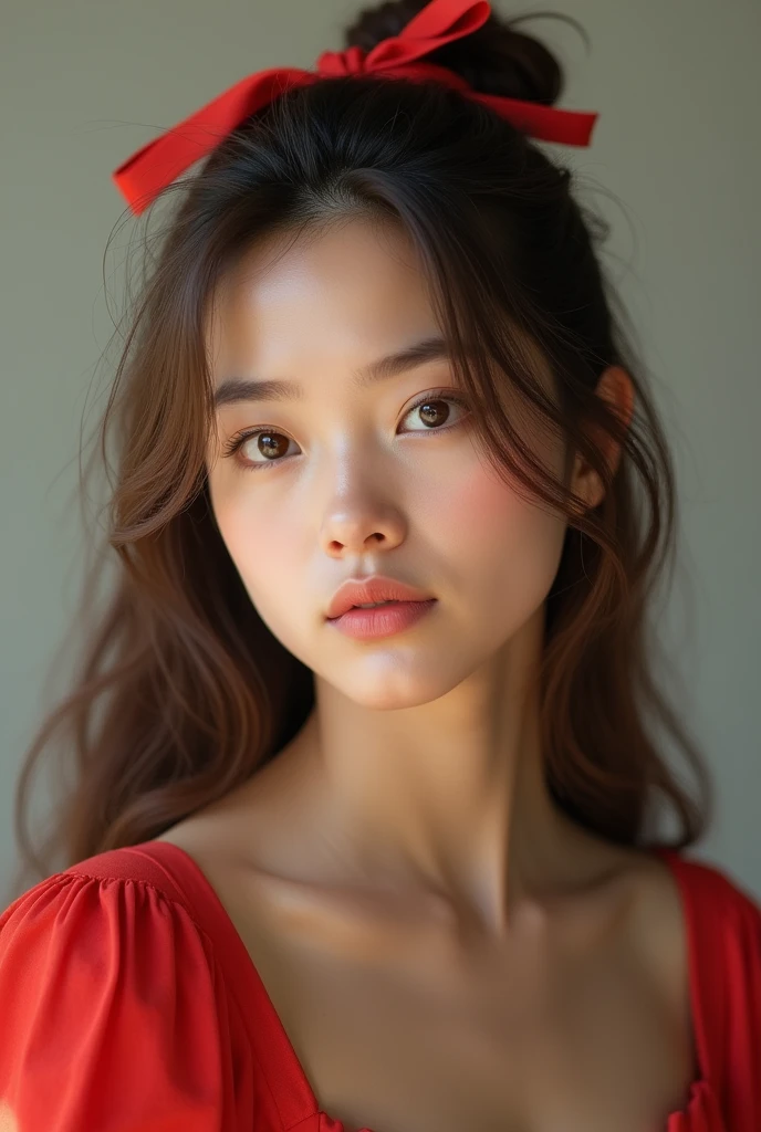best quality,masterpiece,Ultra-high resolution,(lifelike:1.4),,34 years old adult,Charming smile,Short hair tied up,Chubby cheeks,The face is clear and delicate,(Close-up of the face from the shoulders up),((Half-length photo)),Wearing a white shirt,Red bow tie,The background is a solid color,Soft pink background,masterpiece,Light