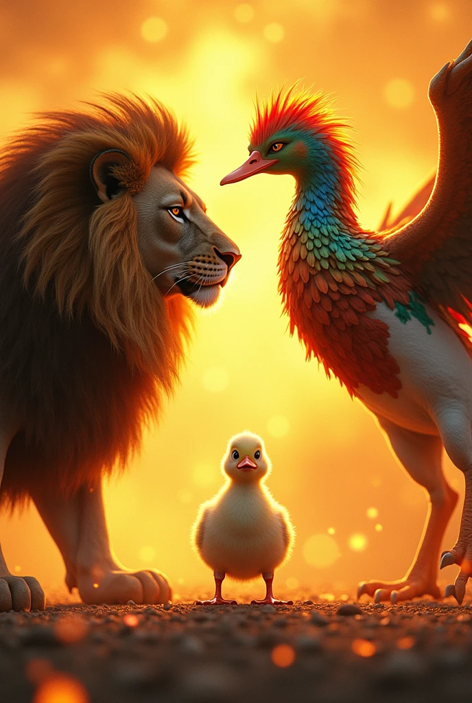 A lion and a phoenix together and a duckling with an angry white face in the middle and all realistic and with an intense yellow background with fire