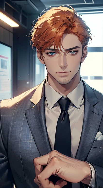 (best quality,4k,8k,highres,masterpiece:1.2),ultra-detailed,(realistic,photorealistic,photo-realistic:1.37),1 man,3,mature man,very handsome,without expression,smile,short orange hair,blue eyes,penetrating gaze,perfect face without errors,imposing posture,businessman,office background,cinematic lighting,hdr image