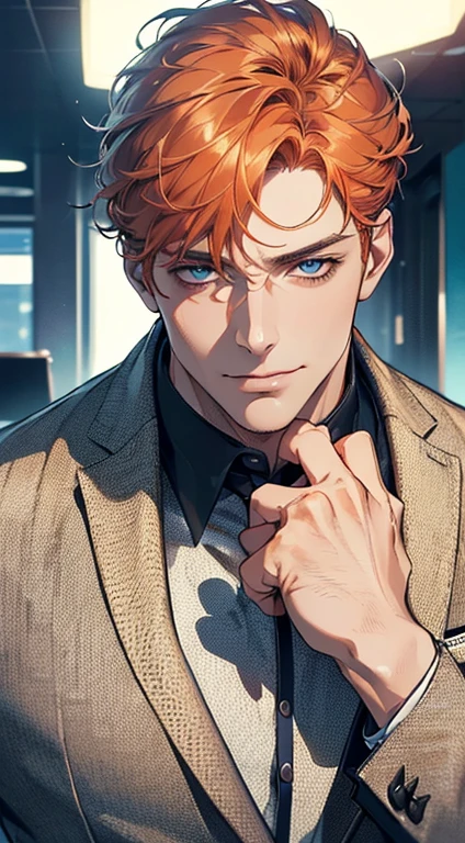 (best quality,4k,8k,highres,masterpiece:1.2),ultra-detailed,(realistic,photorealistic,photo-realistic:1.37),1 man,3,mature man,very handsome,without expression,smile,short orange hair,blue eyes,penetrating gaze,perfect face without errors,imposing posture,businessman,office background,cinematic lighting,hdr image