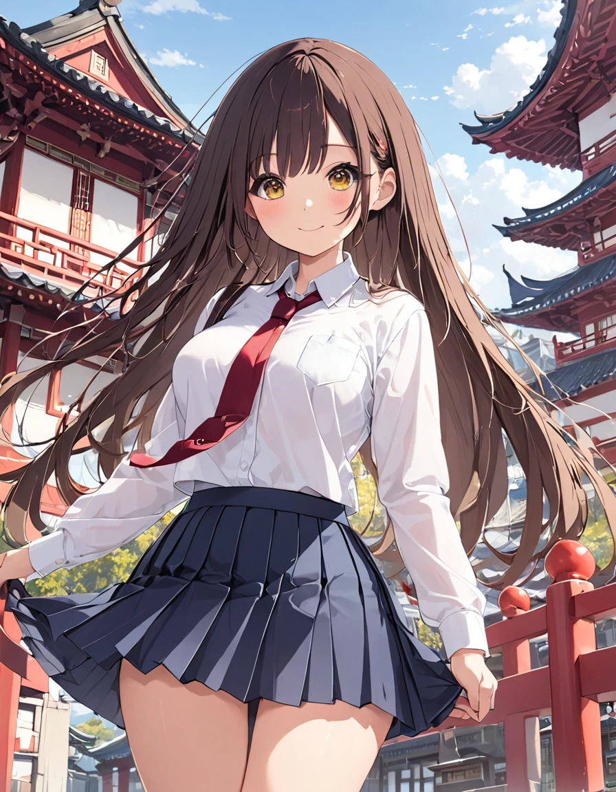 1girl, solo, long hair, breasts, looking at viewer, blush, smile, bangs, skirt, brown hair, shirt, long sleeves, brown eyes, closed mouth, school uniform, standing, yellow eyes, white shirt, pleated skirt, outdoors, necktie, sky, socks, collared shirt, blue skirt, kneehighs, feet out of frame, white socks, red necktie, shirt tucked in, architecture, east asian architecture
