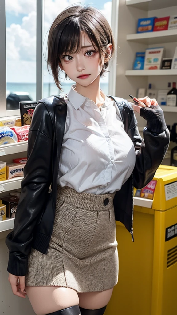 (be familiar with, masterpiece, highest quality, Complex),
cowboy shot, Kyoka Tachibana,
big breasts,
1 girl, alone, At a convenience store,
cute eyes, beautiful face, perfect round butt,
fit and body, female pervert,
The jacket is a cute thin shirt, Cleavage is exposed, Beautiful woman in a white shirt and miniskirt, super mini tight skirt, smile,
black high-heels, Thighhighs, black_leg wear,
early s, alone, pale skin,
blue eyes, ((beautiful mature woman)),
no_bar,
enchanting smile, naughty face, Sweat, vapor, embarrassed, blush, Excited, (spoken heart),
Are standing, Best Sexual Poses, cover the crotch,
(At a convenience store), Near the Ocean shore, (window, Ocean, null, cloud, Day), summer, indoor, perspective, bright lighting, Shelves with many products displayed, white wall,