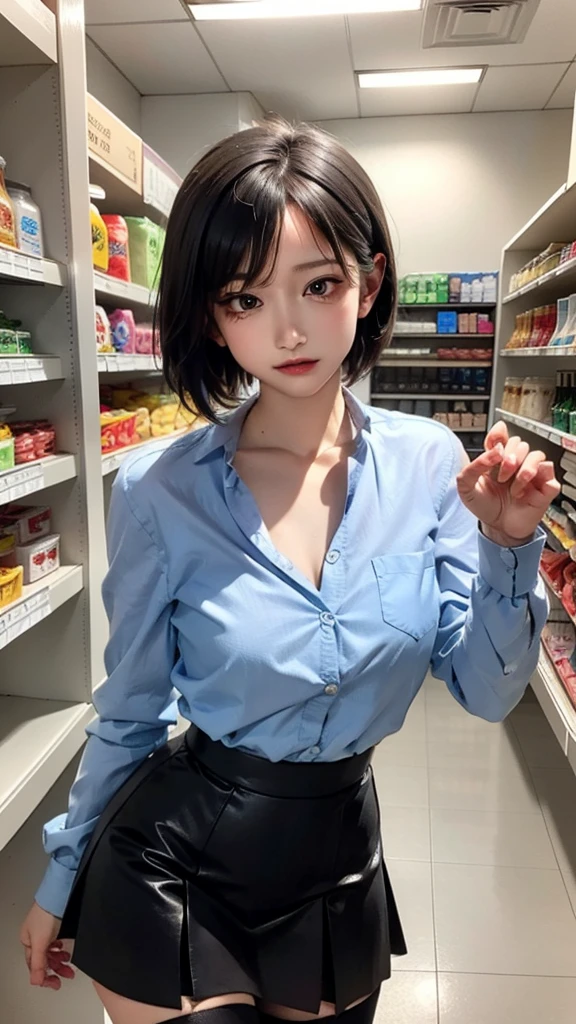 (be familiar with, masterpiece, highest quality, Complex),
cowboy shot, Kyoka Tachibana,
big breasts,
1 girl, alone, At a convenience store,
cute eyes, beautiful face, perfect round butt,
fit and body, female pervert,
The jacket is a cute thin shirt, Cleavage is exposed, Beautiful woman in a white shirt and miniskirt, super mini tight skirt, smile,
black high-heels, Thighhighs, black_leg wear,
early teens, alone, pale skin,
blue eyes, ((beautiful mature woman)),
no_bar,
enchanting smile, naughty face, Sweat, vapor, embarrassed, blush, Excited, (spoken heart),
Are standing, Best Sexual Poses, cover the crotch,
(At a convenience store), Near the Ocean shore, (window, Ocean, null, cloud, Day), summer, indoor, perspective, bright lighting, Shelves with many products displayed, white wall,